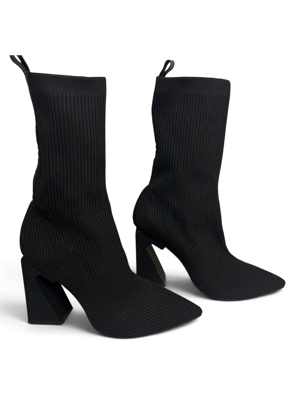 Black Knit Sock Booties with Sculpted Block Heel